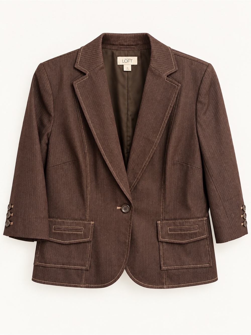 LOFT Brown Single-Button Tailored Blazer with Contrast Stitching